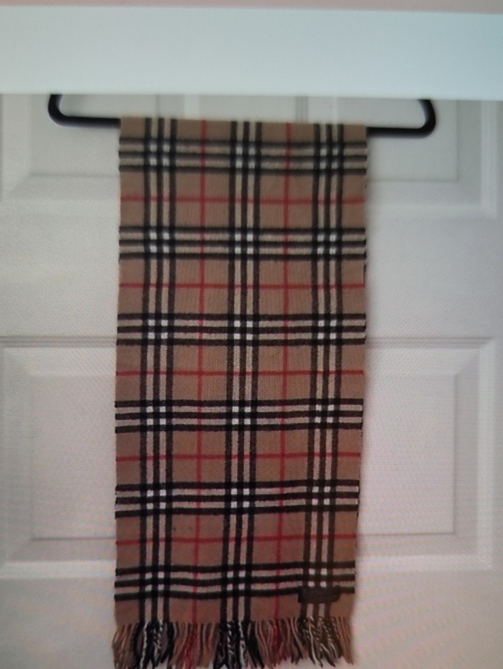Burberry Beige Plaid Scarf with Black, White and Red Accents